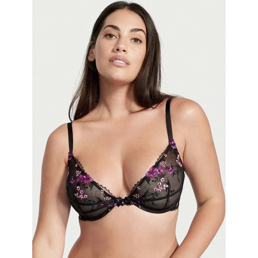 VICTORIAS SECRET 32DD Very Sexy Low Cut Demi Floral Embroidery Unlined Lace Mesh